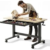 FLEXISPOT Adjustable Workbench, 47.2" x 23.6" Work Table with Hand Crank | 28"-44" Height Adjustable, Built-In Drawer, Lockable Casters, Rubber Wood Top, Home Craft Table, Sewing, Workshop &amp; DIY