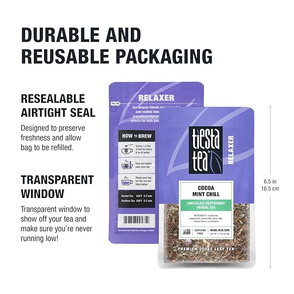 TIESTA TEA COCOA MINT CHILL LOOSE LEAF TEA, CHOCOLATE PEPPERMINT HERBAL ROOIBOS BLEND, NON-CAFFEINATED, REAL FRUIT, HERBS, SPICES, HOT OR ICED BREW, MAKES UP TO 25 CUPS, RESEALABLE POUCH, 1.5 OUNCE