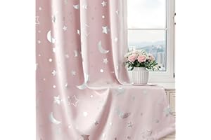 WUBODTI Pink Curtains for Girls Room Star Blackout Kids Bedroom Curtains 84 Inches Long, Cute Silver Star and Moon Patterned Space Theme Thermal Insulated Nursery Drapes, 2 Panel Sets