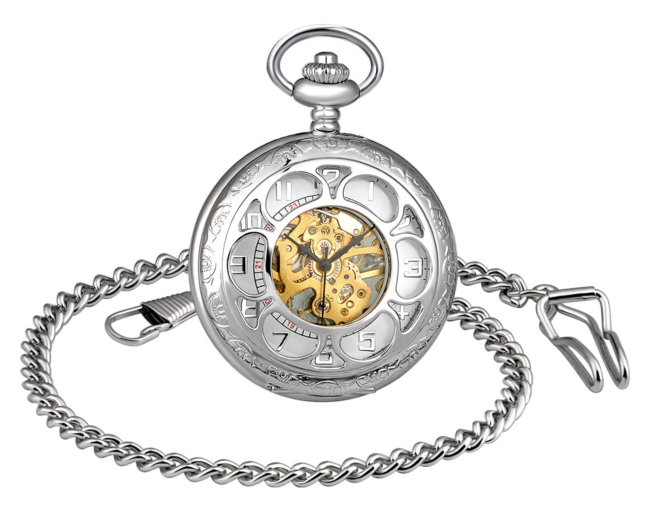 MICGIGI-Men/Women Mechanical Hand-Wind Pocket Watch Retro Windmill Pocket Fob Watches with Chain(Silver)
