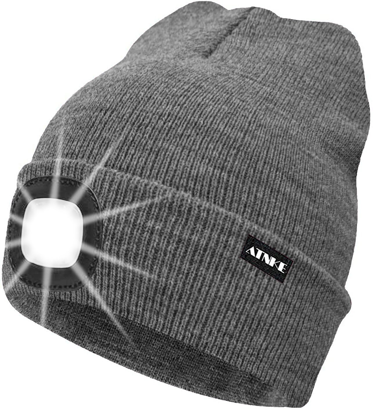 ATNKE LED Lighted Beanie Cap,USB Rechargeable Running Hat Ultra Bright 4 LED Waterproof Light Winter Warm Gifts for Men and Women/Grey — image 1