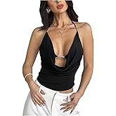 Floerns Women's Draped Cowl Neck Crop Halter Tops Metal Linked Rave Open Back Cami Top