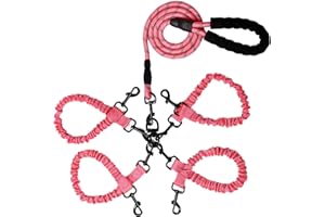 Y-ANNJYA Dog Double Leashes,Rope Bungee Four Leash with Padded Handle Removable for 4 Dogs,Tangle-Free, Padded Handles, 360° Swivel Control (Pink, 4 Way)