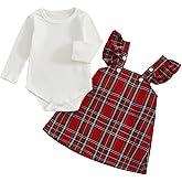 Summffie Newborn Baby Girl Christmas Outfit Long Sleeve Romper Red Plaid Overall Dress Suspender Skirt Set Cute Xmas Clothes