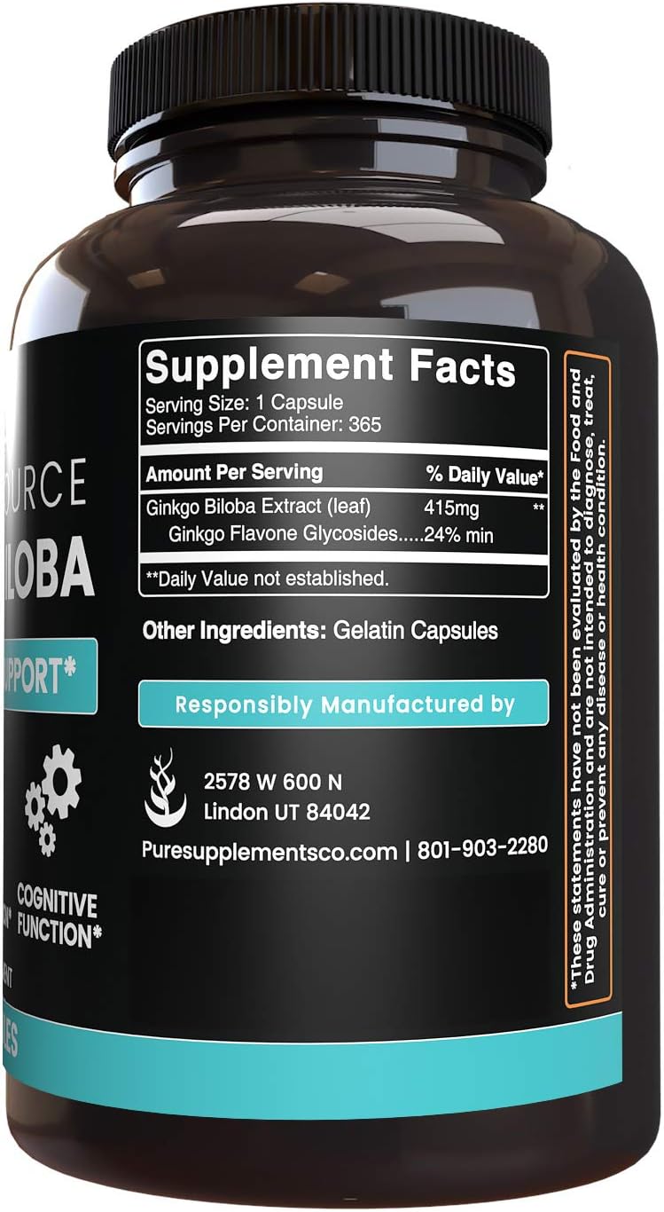 Natural Source Ginkgo Biloba, 365 Capsules, 1-Year Supply, No Magnesium or Rice Fillers, Gluten-Free, Made in The USA, Potent, 24% Standardized Ginkgo Flavone Glycosides Extract: Health & Personal Care