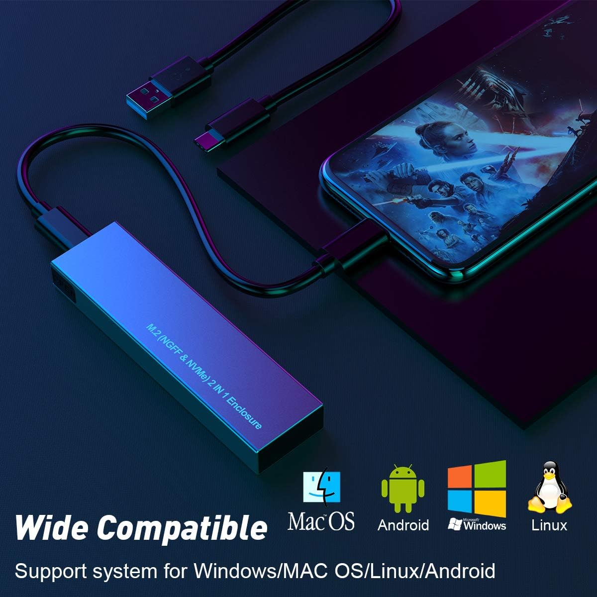 M.2 NVME and SATA SSD Enclosure Adapter, Tool Free Dual Protocol External Hard Disk Drive, Support USB 3.1 Gen 2 10Gbps NVME PCIe, 6Gbps SATA NGFF M-Key (B+M Key) for 2230 2242 2260 2280 SSDs: Computers & Accessories