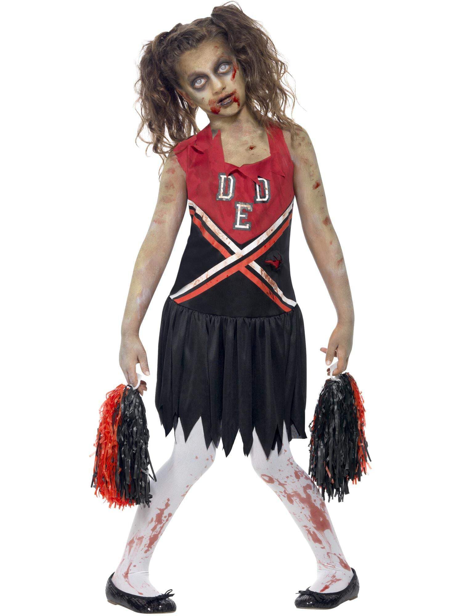 Smiffys Zombie Cheerleader Costume Blood Stained Dress & Pom Poms, Fancy Dress, Child Dress Up Costumes