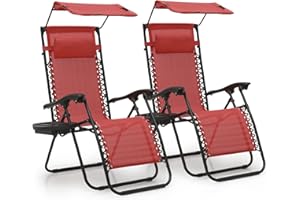 MoNiBloom Zero Gravity Chair Set of 2 with Canopy Shade, Patio Folding Anti Gravity Recliner, Foldable Outdoor Lounger with Cup Holder Tray for Beach Camping, Maroon