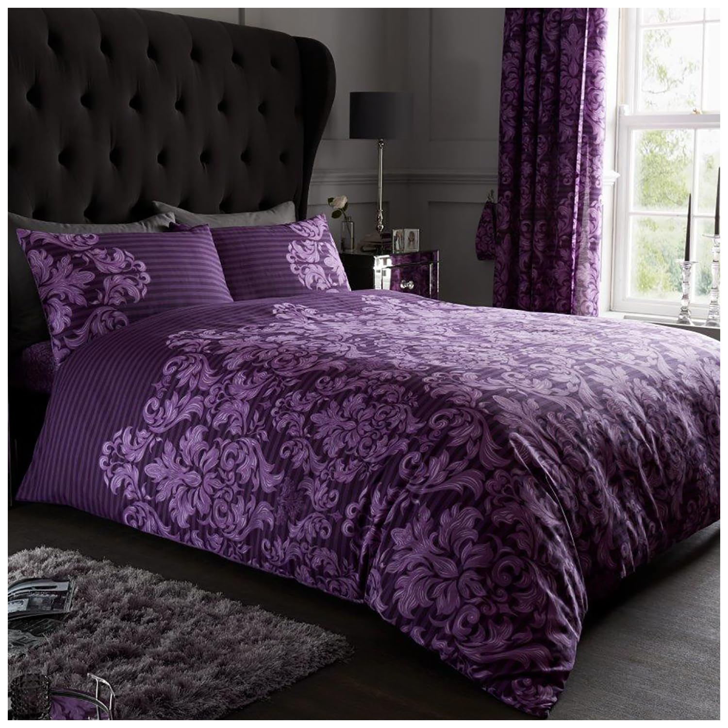 GC GAVENO CAVAILIA Luxurious Empire Damask Bed Set with Duvet Cover and Pillow Cases, Polyester-Cotton, Purple, Single