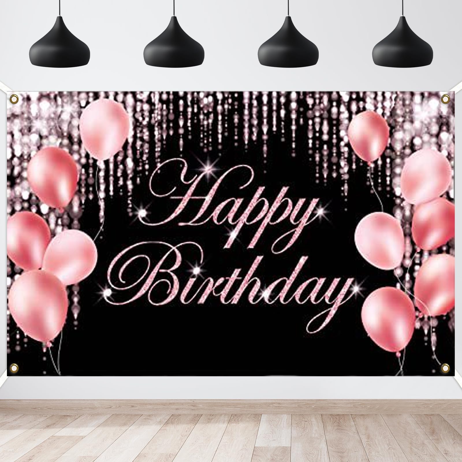 Birthday Banner,180 x 110cm Happy Birthday Banner,Fabric Happy Birthday Background Banners Decorations,Large Size Banners Poster Suitable for Boys Girls,Indoor and Outdoor Party Decoration(Black Pink)
