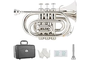 EastRock Pocket Trumpet Brass Bb Nickel Plated Trumpet with 7 C Mouthpiece, Hard Case, Strap, White Gloves, Cleaning Kit for Students and Beginners