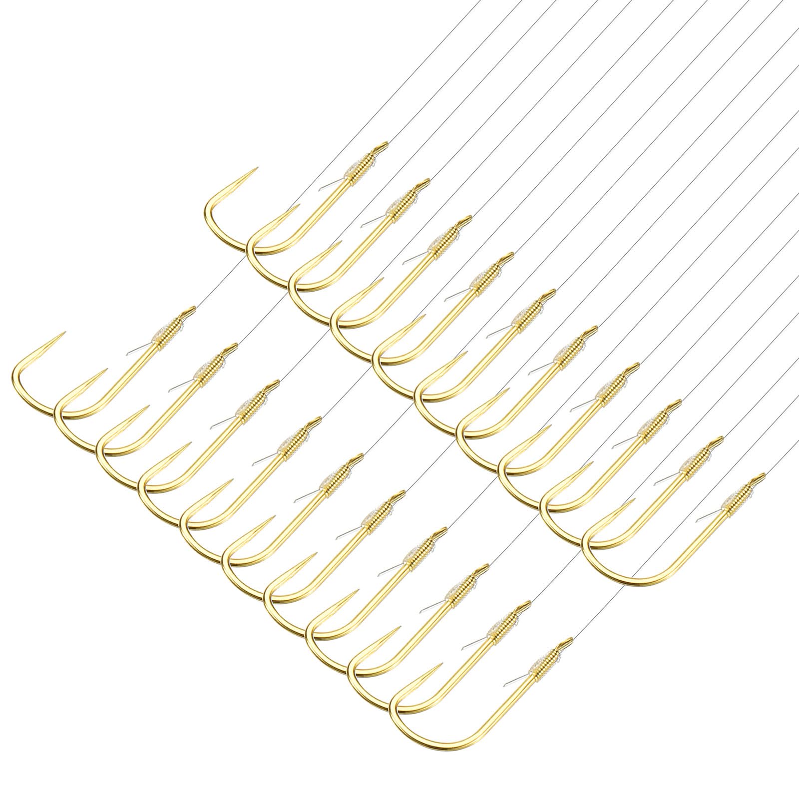 PATIKIL 5# Small Fishing Hooks with 36cm Line, 20Pcs 0.4x0.2 Inch Double Hook Rigs Fishing Hook on Nylon Line for Freshwater, Gold Tone