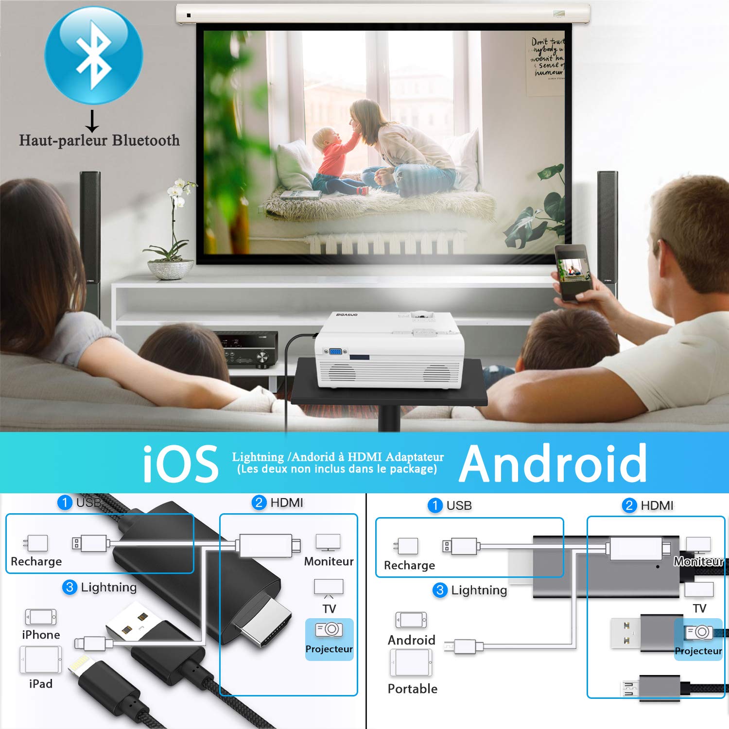 BIGASUO Vidéoprojecteur 2400 Lumens Portable LED Mini Projecteur Bluetooth, Soutien Charge Le Format Plein HD 1080P iPhone Andriod Jeu TV multimédia Home Theater Entertainment