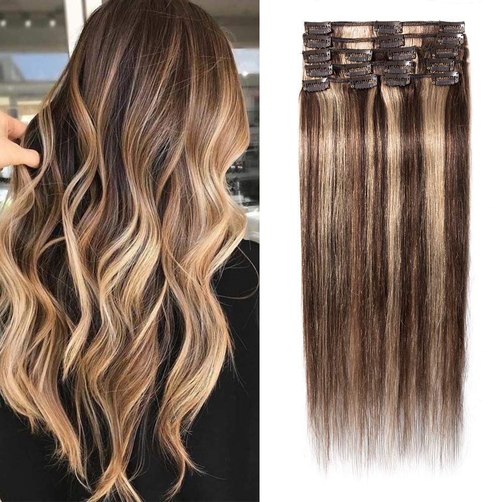Elailite Real Hair Clip in Hair Extensions 100% Human Hair Remy Natural Hair Extension - 8 Pcs Full Head Thin Thickness (Mix #4/27 Medium Brown & Dark Blonde, 10 inch-50g) — image 1