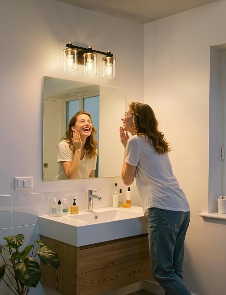 L LOHAS LED 3 LIGHT BATHROOM VANITY LIGHT, BLACK AND GOLD BATHROOM LIGHT FIXTURE OVER MIRROR, MODERN LIGHTING FIXTURES WITH CLEAR GLASS SHADE, VINTAGE VANITY LIGHTS FOR BATHROOM MIRROR HALLWAY, ETL