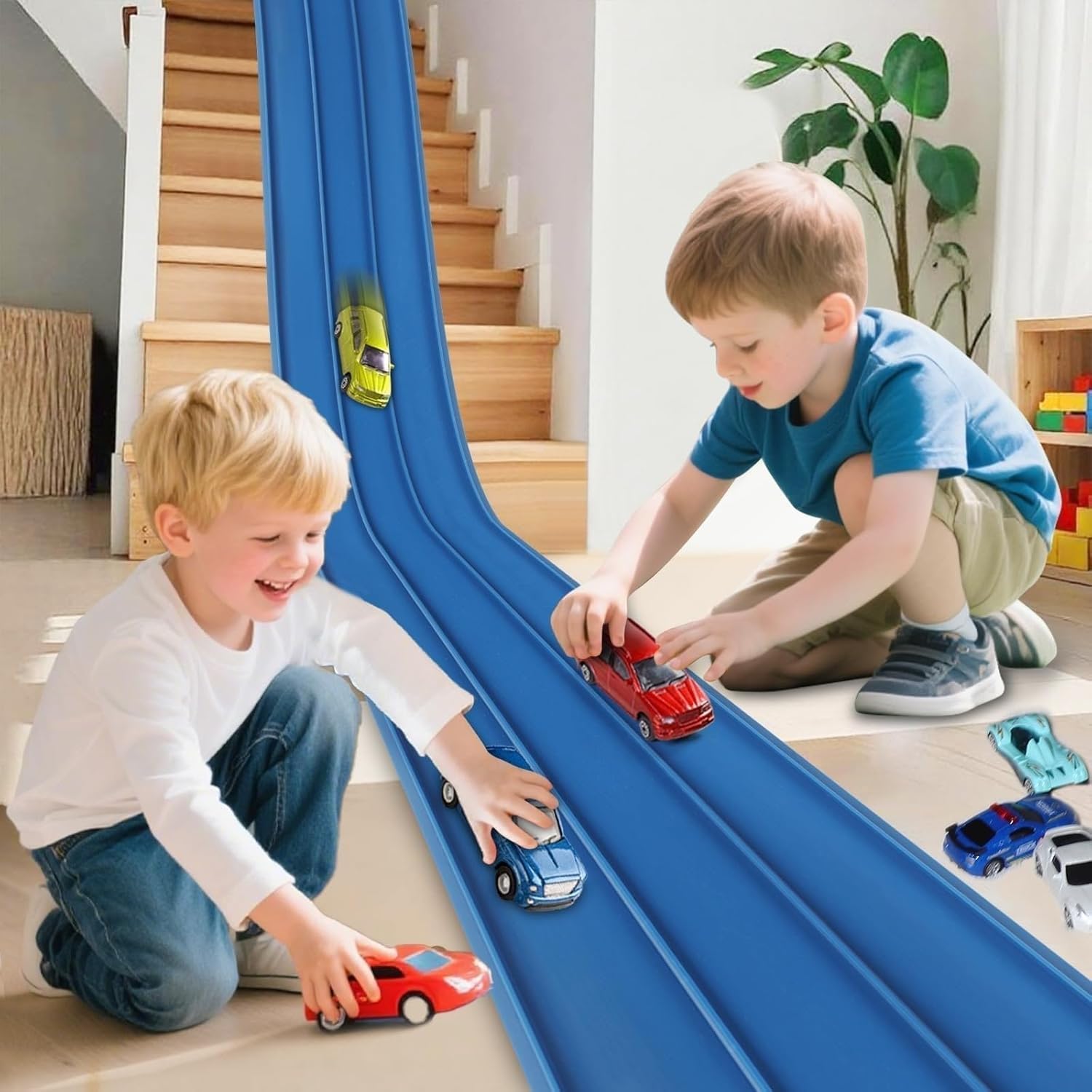 4 Meter Flexible Race Car Ramp Track with Suction Cups – Portable Roll-Up DIY Racetrack Compatible with 1:64 Diecast Cars (Blue)