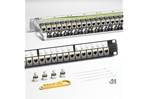 AMPCOM CAT6 Keystone Patch Panel 24-Port 1U with 10G Shielded Ethernet Inline Coupler - 19 Inch Rackmount &Wall Mount with Rear Support Bar