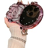 QoKcoahn Astronaut Case Compatible with iPhone 16 Pro Max,Cute 3D Astronaut Lens Camera Protection Hidden Stand Kickstand Luxury Glitter Bling Soft TPU Cover with Mirror Metal Chain Pink