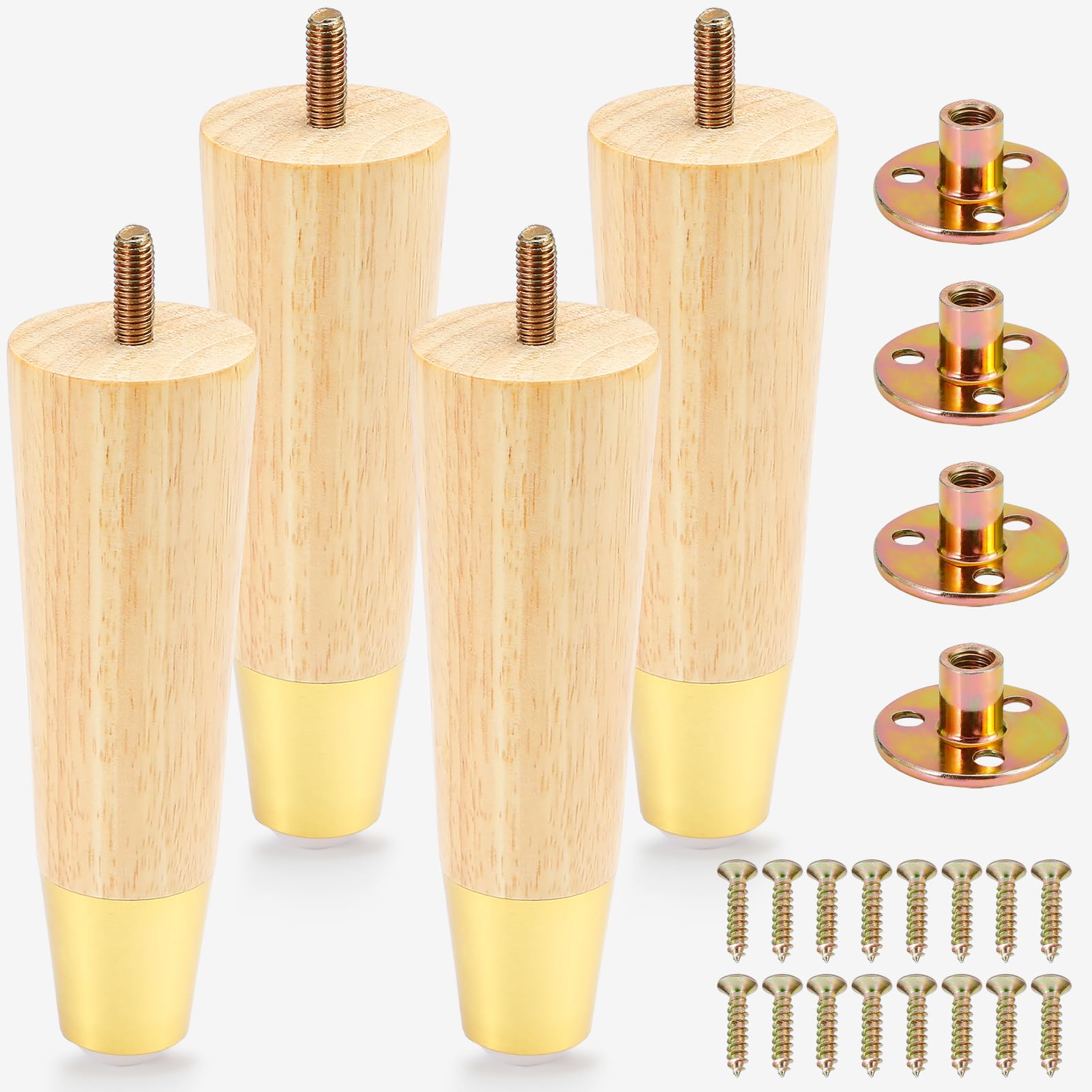 Stahala Wood Furniture Legs 6 Inch with Gold Cap, Sofa Replacement Wooden Leg Set of 4, Cabinet Legs, Dresser Legs, Couch Legs, Recliner Legs, da