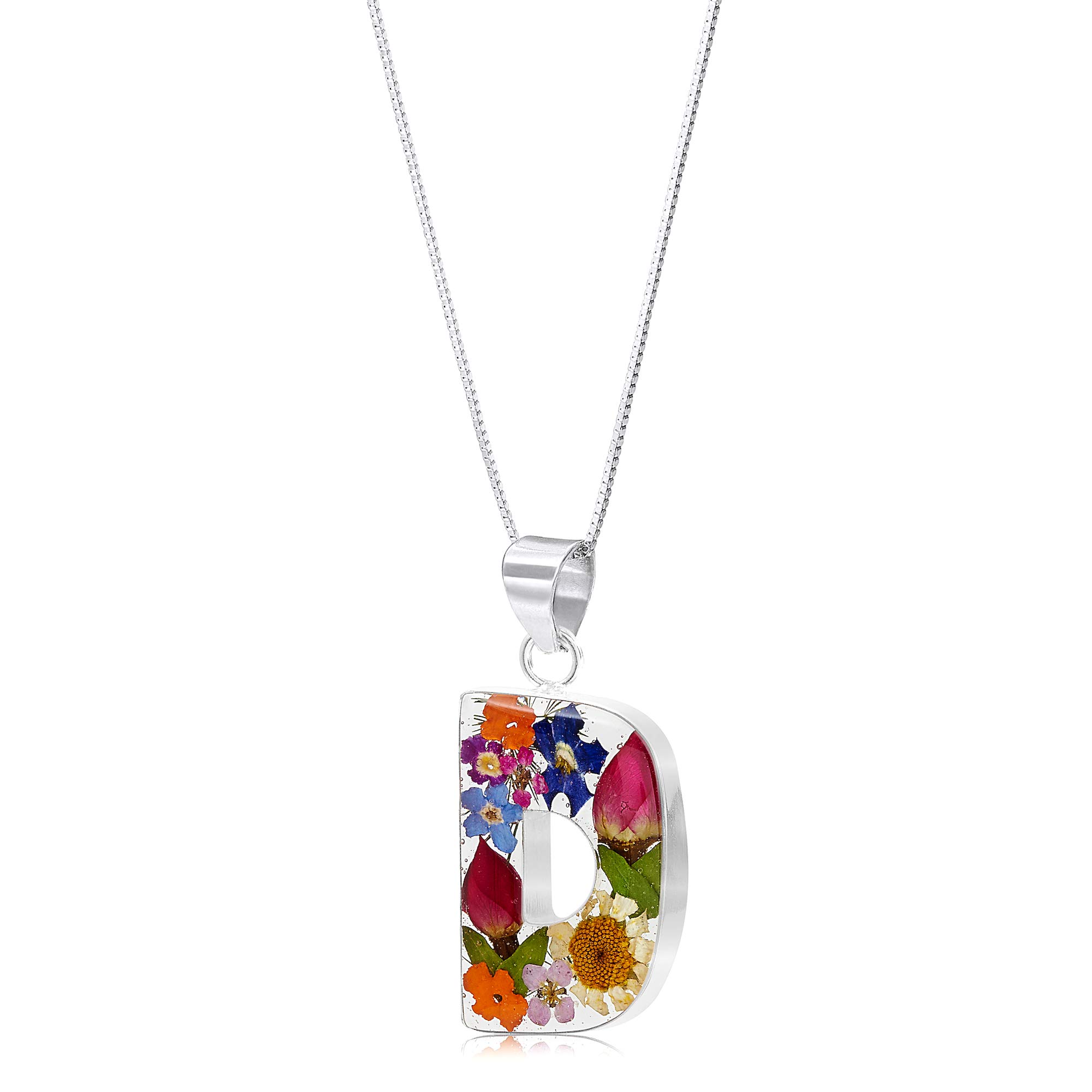 Shrieking Violet 925 Sterling Silver Letter Real Flower Initial Pendant Necklace - Assorted Flowers (Multicolour)