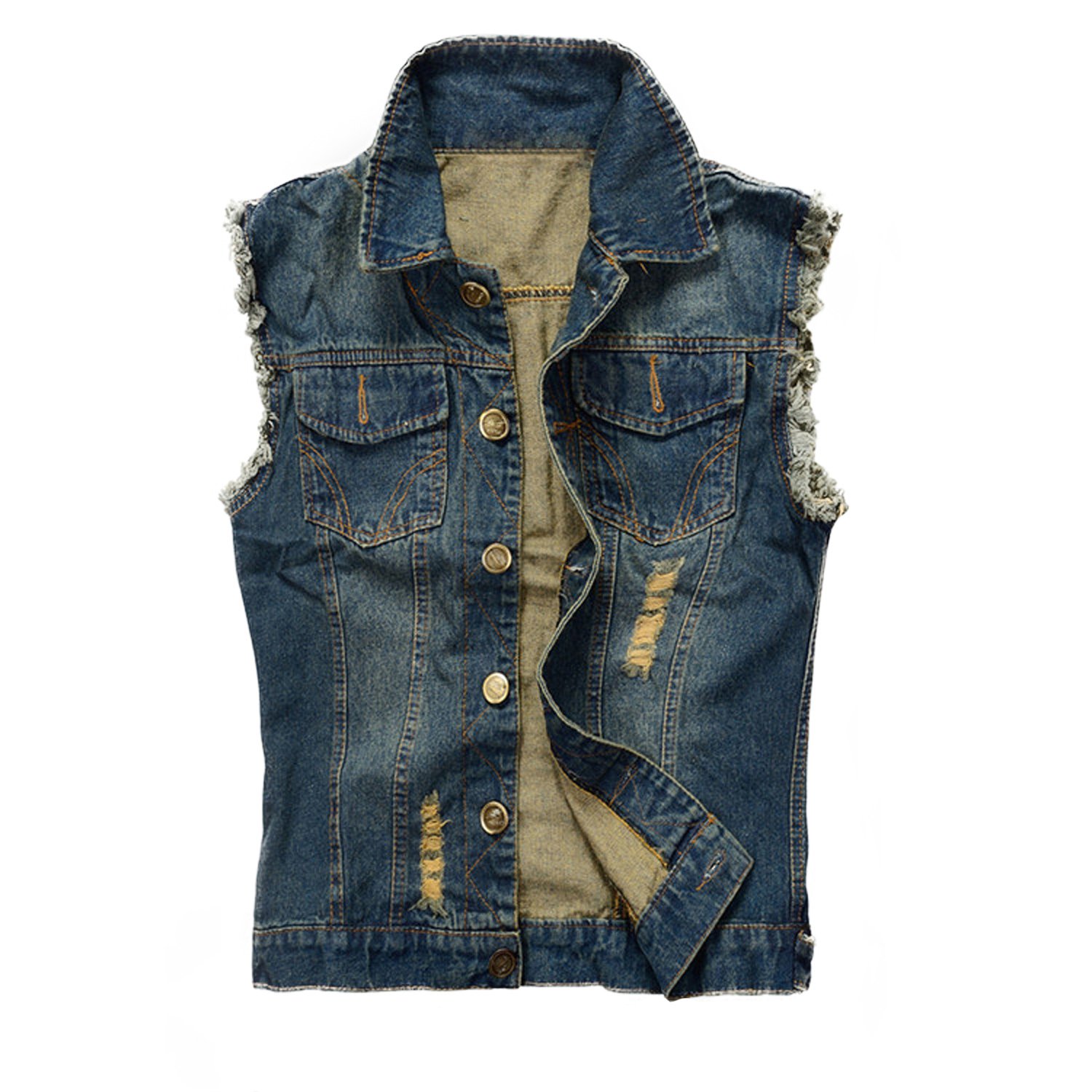 NASKY Men&Women's Fit Retro Ripped Denim Vest Sleeveless Lapel Jean Vest Jacket Waistcoat Top