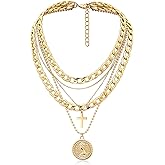 Gold Layered Necklaces for Women Chunky Choker Link Chain Trendy Retro Coin 14K Pendant Necklace Handmade Dainty Layering Poppy Lotus Rose Birth Flower Necklaces Gift