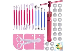 Keadic 37Pcs Rose Red Clay Fondant Extruder Cake Decorating Supplies Sugar Modeling Tool Set, Clay Extruder Gun with 20 Tips Sugar Extruder Disks & Ball Stylus Dotting Tool