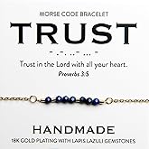 Christian 18K Gold and Lapis Lazuli Minimalist Morse Code Bracelet for Women | Bible Verse Gift for Her | Ladies Religious Dainty Blue Beaded Jewelry with Inspirational Words of Encouragement | Catholic Gift for Mom, Daughter, Wife, Friend, Sister
