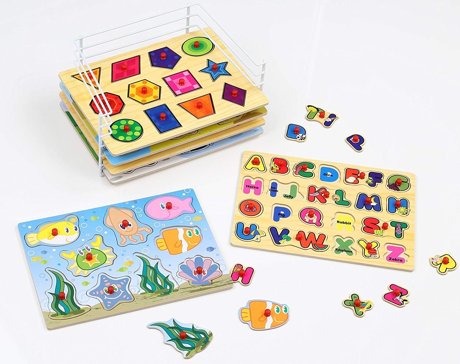 Etna Wood Peg Puzzle Set with 6 Puzzles and Wire Storage Rack ABC, Numbers, Shapes, Vehicles and Animals Educational Puzzles for Kids 3 and Up: Toys & Games