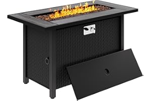 Meilocar 45in Fire Table, Propane Fire Pit with Red Lava Rocks and Rain Cover, Outdoor Firepit Table 50000 BTU 2-in-1 Fire Table for Patio/Yard/Balcony, Gray Tabletop