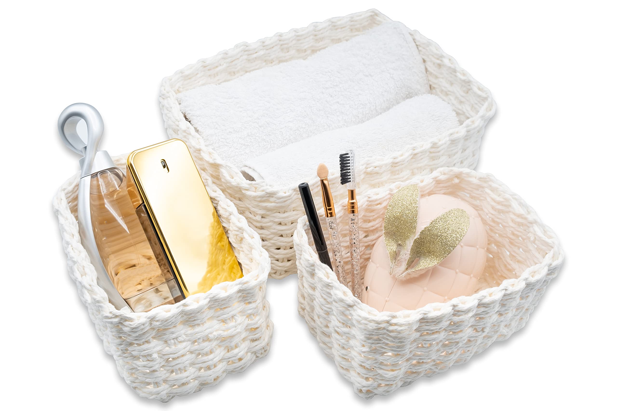 Set of 3 Storage Baskets for Bathrooms, Organizer Basket in EcoFriendly Paper, Woven and Stackable Space-Saving Baskets 25 x 20 x 10 cm