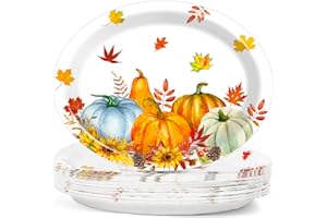 Qyeahkj 50PCS Fall Thanksgiving Oval Paper Plates Thanksgiving Heavy Duty Disposable Dinner Plates Fall Party Decorations Large 11'' Maple Leaves Pumpkin Party Supplies Autumn Tableware Set