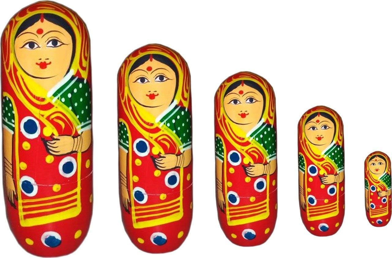 GAC GAURA Art and Craft Handmade Decorative Nested Wooden Doll Showpiece Home Decor and Handicraft Item, 14 x 5 x 14 cm (Multicolour) - Set of 5