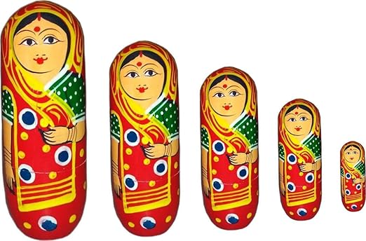 GAC GAURA Art and Craft Handmade Decorative Nested Wooden Doll Showpiece Home Decor and Handicraft Item, 14 x 5 x 14 cm (Multicolour) - Set of 5