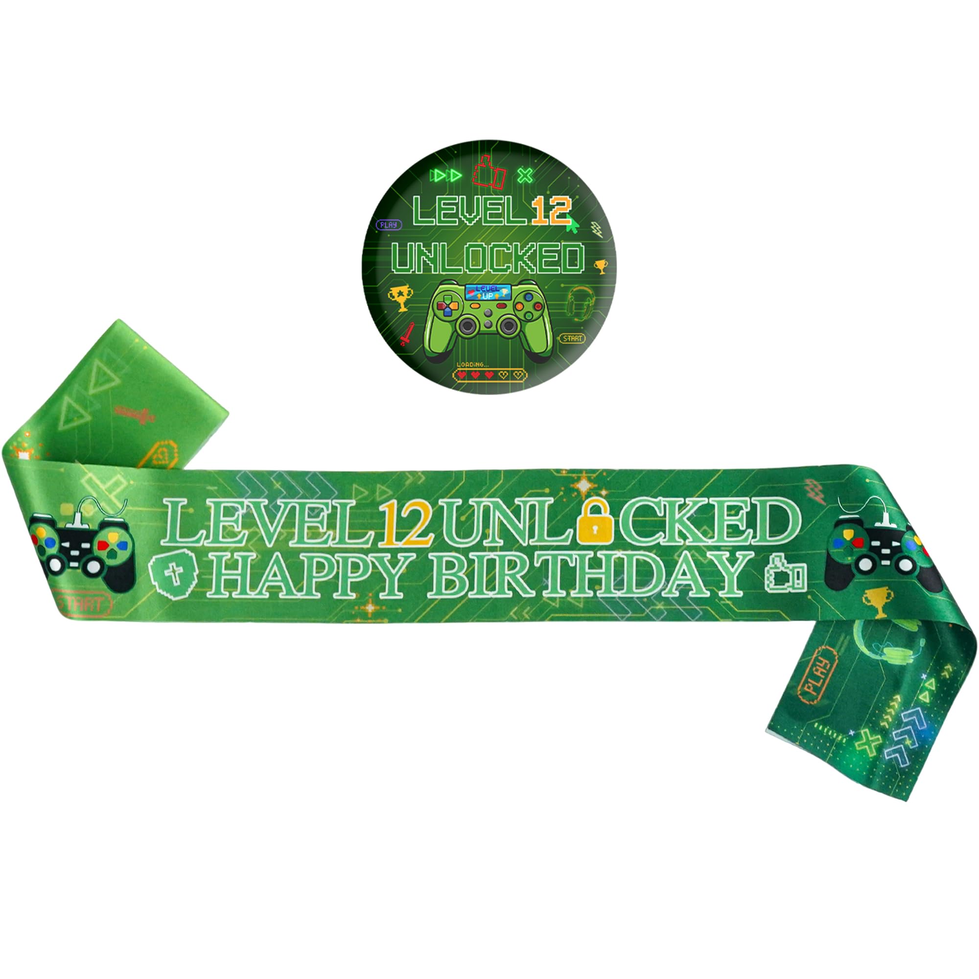 Gaming 12th Birthday Decorations Sash - Gamer Level 12 Unlocked Button Badge, Green Happy Birthday Sash for 12 Years Old Birthday Party Supplies