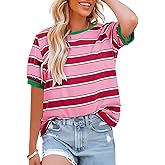 Dokotoo Womens Summer Tops 2026 Striped Color Block Short Sleeve Fashion T-Shirts Crewneck Casual Loose Basic Tee Blouses