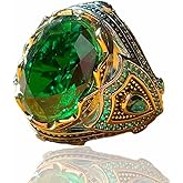 TASHILONG 925 Silver Emerald Ring for Men - Handmade Engraved Turkish Style With Gemstone