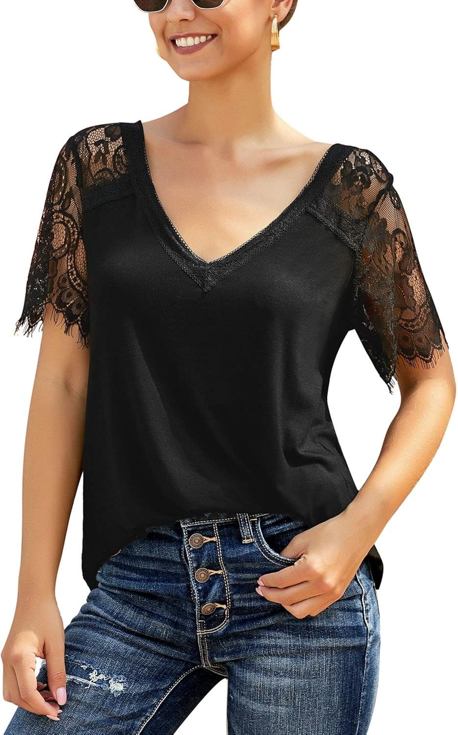 LookbookStore Women's Summer Scalloped Lace Short Sleeves V Neck Tops Tee Shirt at  Women’s Clothing store