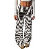 RoseSeek Women's Striped Foldover Pants Ribbed Knit Wide Leg Pants Elastic High Waisted Casual Lounge Trousers