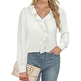 Womens Blouses Dressy Casual, Long Sleeve Business Tops, Ruffle V Neck Work Shirt