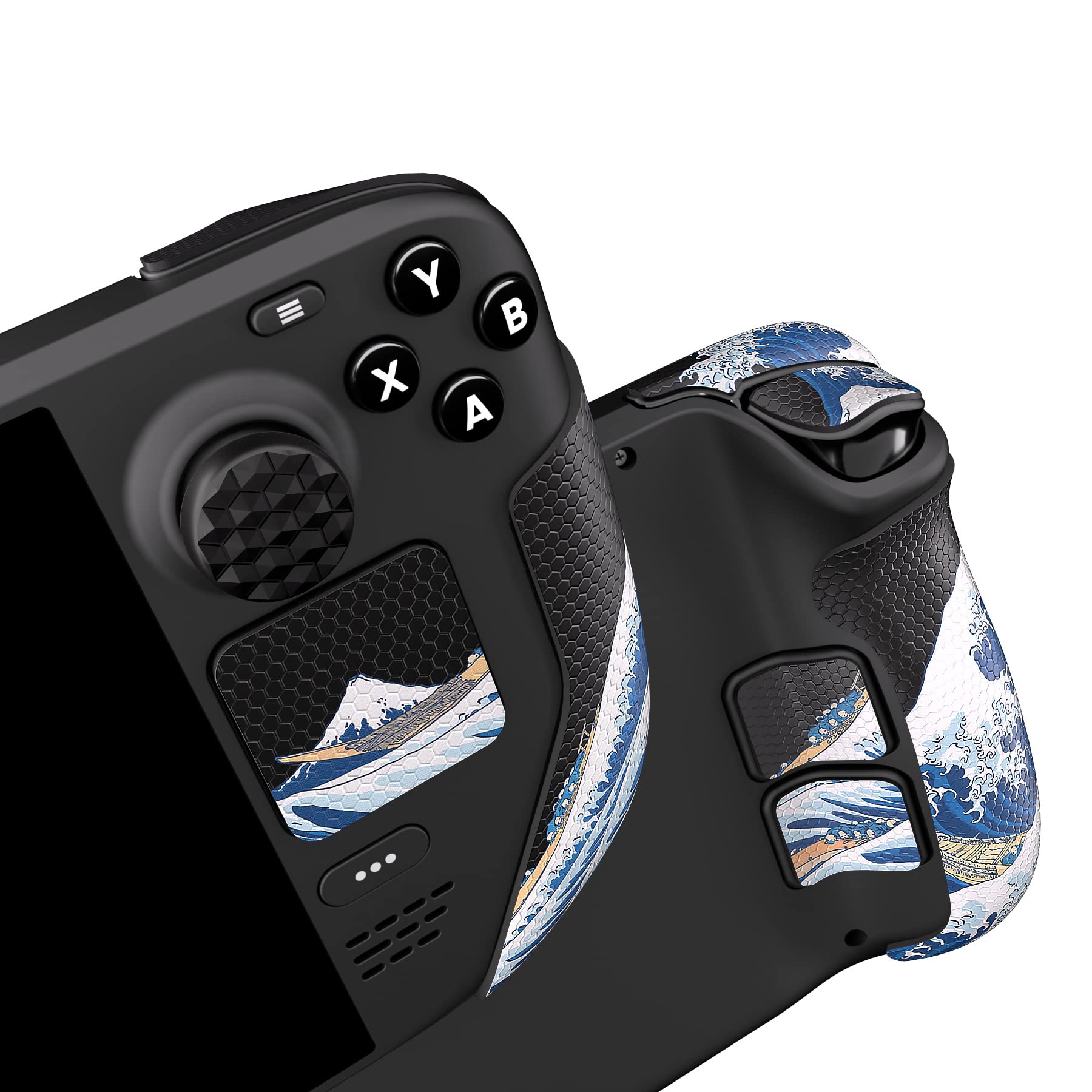 PlayVital Professional Textured Soft Rubber Pads Handle Grips for Steam Deck LCD & OLED, Trackpads Skin Grip Enhancement Back Button Protective Stickers Set with Thumb Grip Caps - The Great Wave