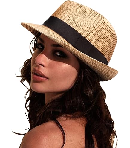 DRESHOW Women Straw Sun Hat Short Brim Panama Travel Fedora  display picture 3