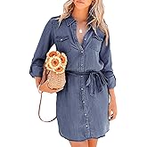 utcoco Women's Casual Button Down Jean Shirt Dress Long Sleeve Tie Waist Lightweight Denim Shirt Dress