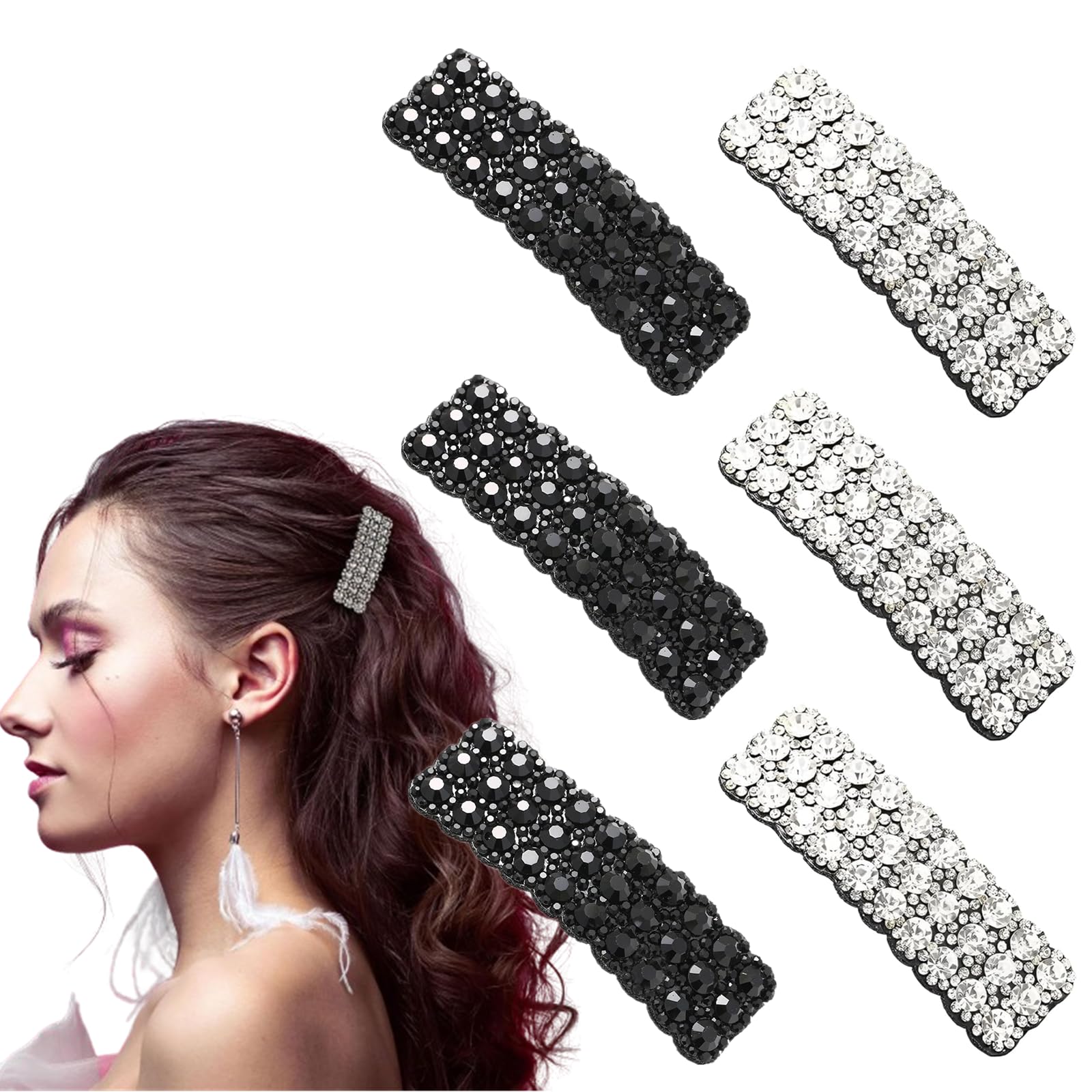 6 PCS Black and Sliver Rhinestone Snap Hair Clips Shining Crystal Clips Rectangular Hairpins Korean Barrettes Hair Accessories for Party Wedding Daily Girls Hair Decorative