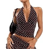 KIGRAD Women Y2k Coquette V Neck Polka Dot Mesh Crop Halter Tops Sexy Open Back Tie Up Fitted Ruched Tank Summer Shirts