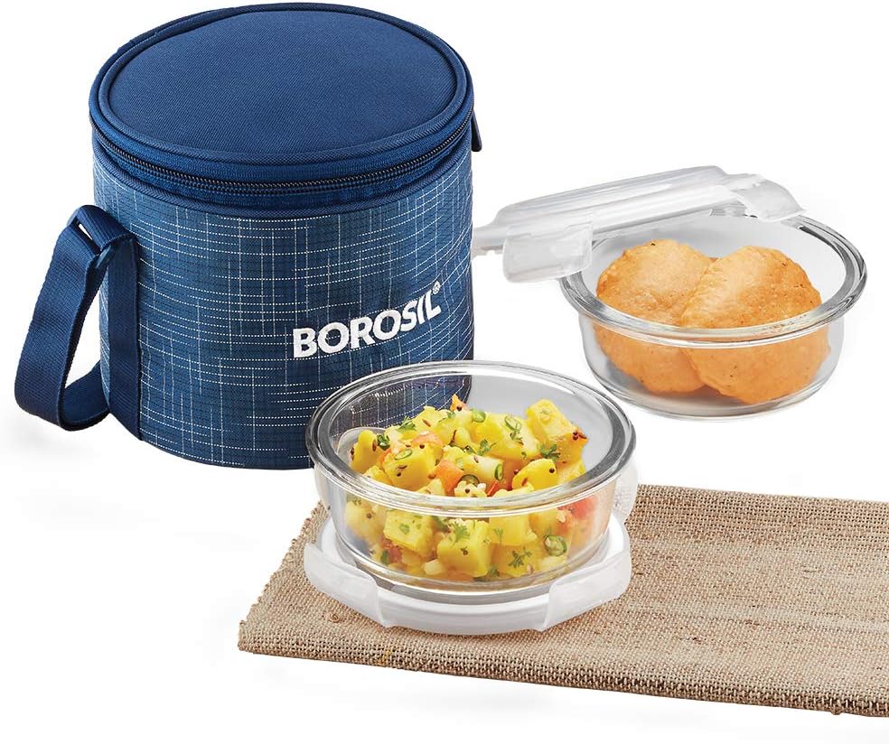 Buy Borosil Indigo Glass Lunch Box Set of 2, 400 ml, Vertical