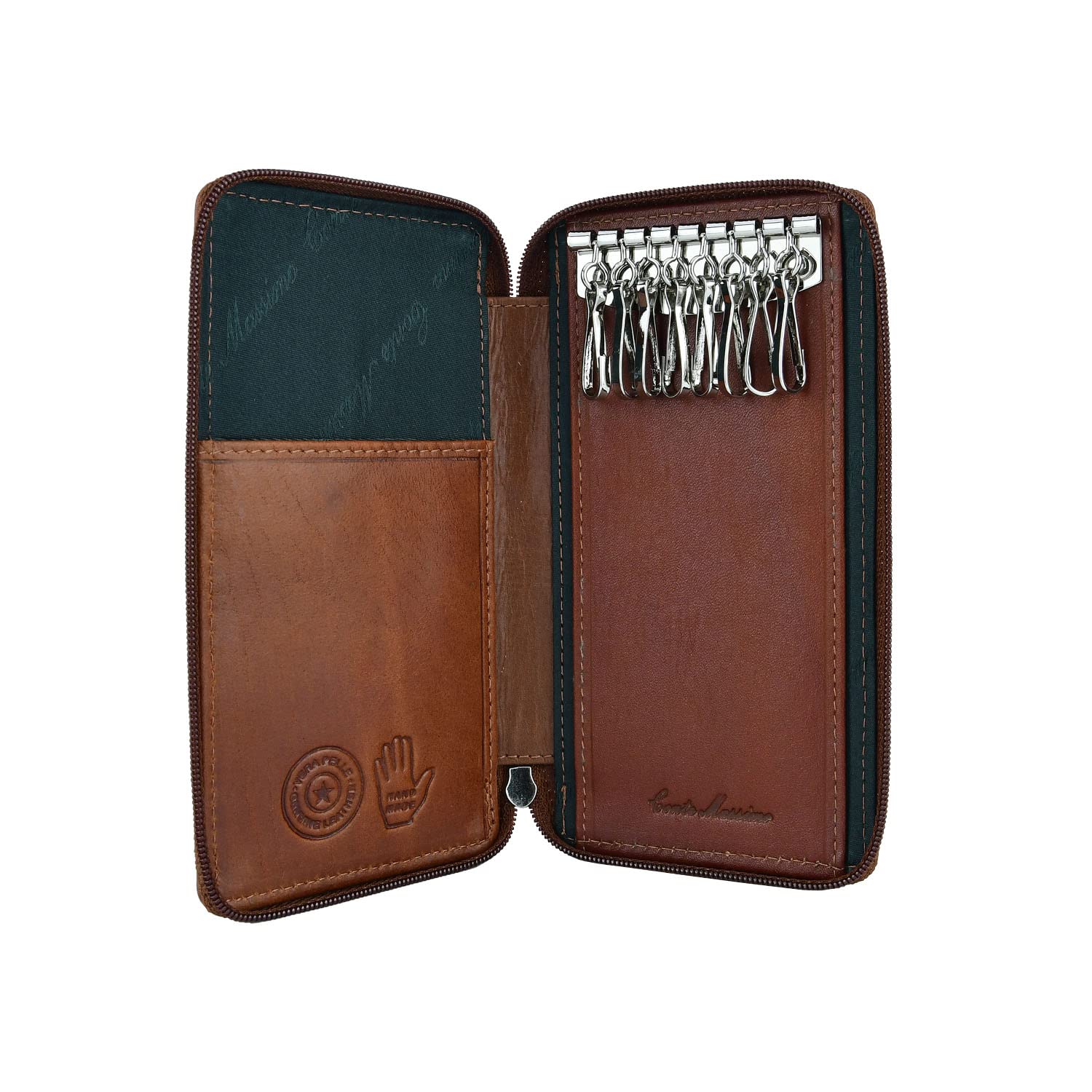 CM Conte Massimo Genuine Leather Key Case for Men Women, Zip Key Holder with 8 Hooks & Card Slots, Brown Large, Gift Box
