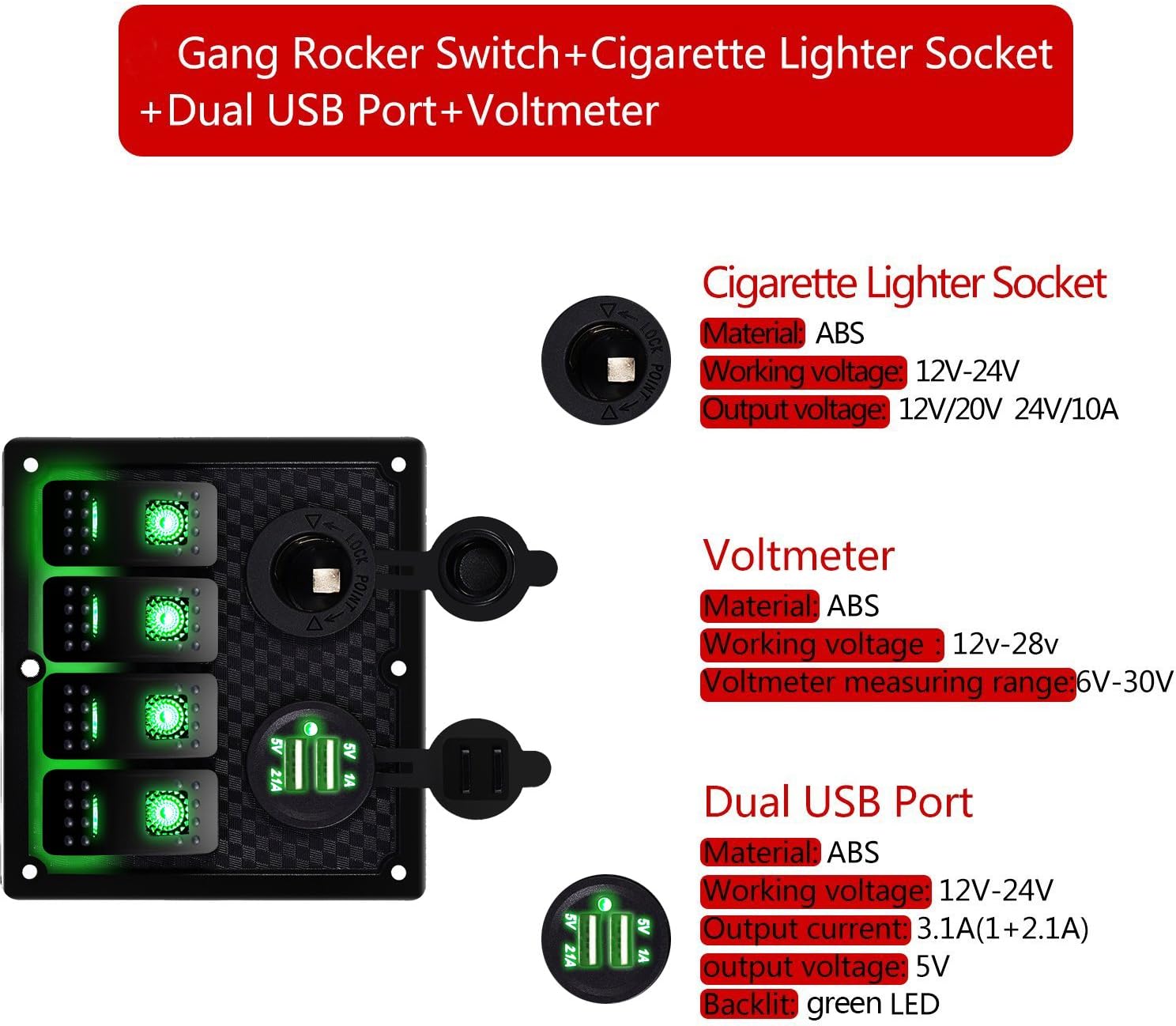 MKING 4 Gang / 6 Gang Car Marine Boat Circuit RV LED Toggle Rocker Switch Panel Breaker Voltmeter with Fuse Double USB for RV Car Boat Blue/Red/Green Light : Sports & Outdoors