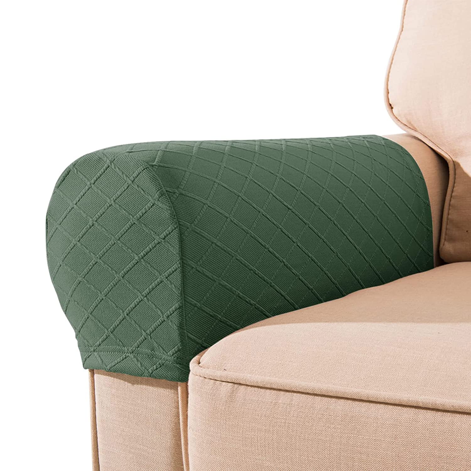 NEKOSUKI Arm Rest Covers, Set of 2 Stretch Diamond Pattern Armchair Couch Stretch Armrest Chair Covers for Furniture Protector, Anti-Slip Sofa Chair Arm Caps Spandex Polyester Slipcovers (Green)