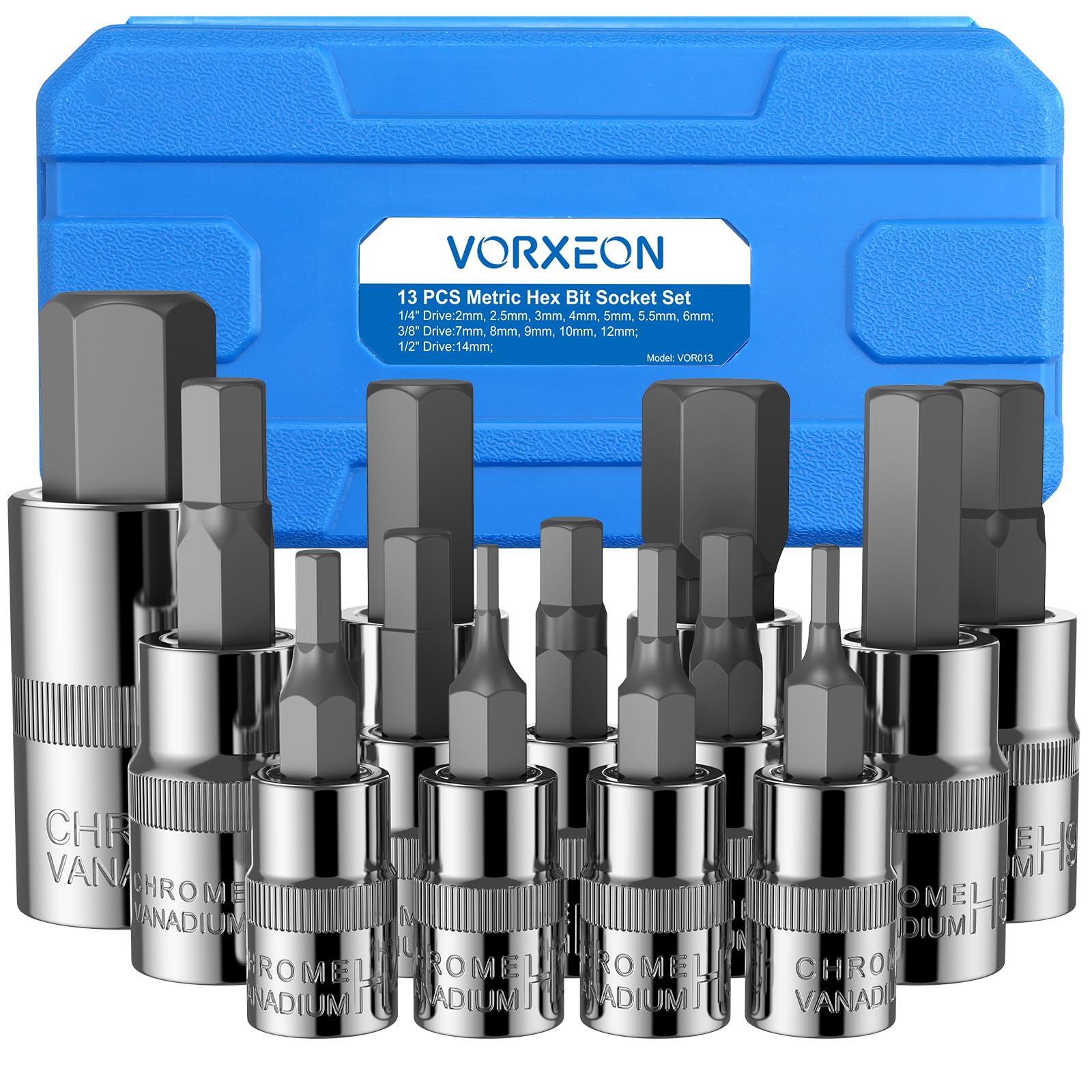 VORXEON Allen Key Socket Set Metric Allen Hex Bit Socket Set 13pcs 2MM-14MM,for car Work Change Brakes,50BV30 CR-V Drive Socket and S2 Alloy Steel Bit with Storage Case, 3 Sizes 1/4 3/8 1/2 Inch, — image 1